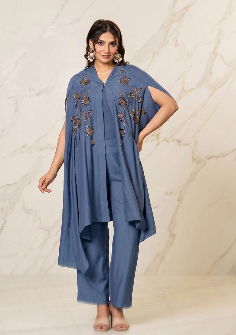 Slate Blue Embroidered Handwork Fusion Set - Indya