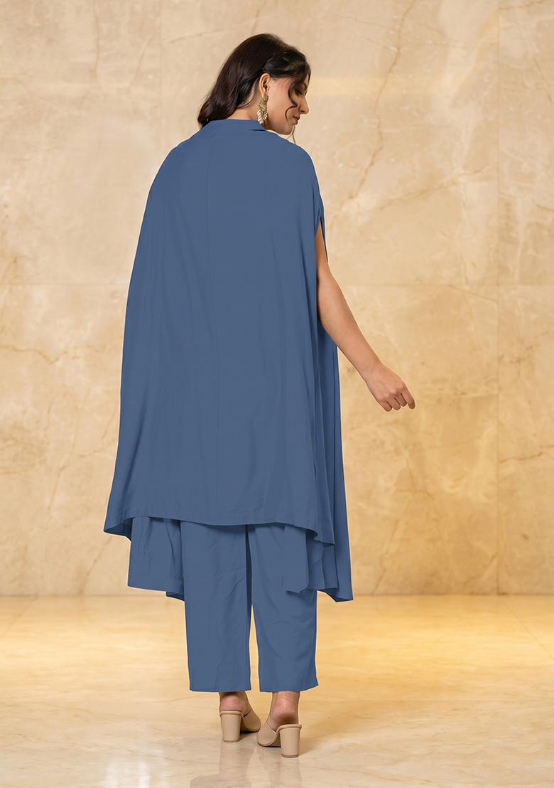 Slate Blue Embroidered Handwork Fusion Set - Indya
