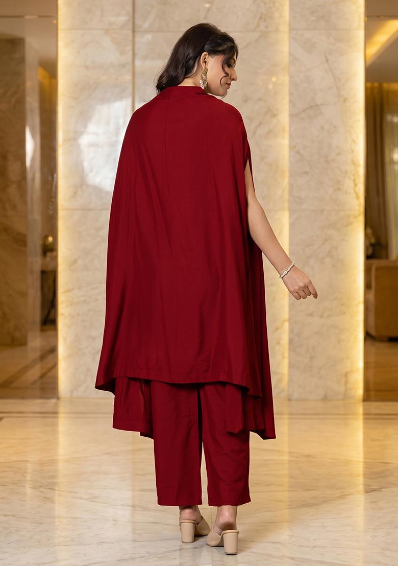 Deep Red Embroidered Handwork Fusion Set - Indya