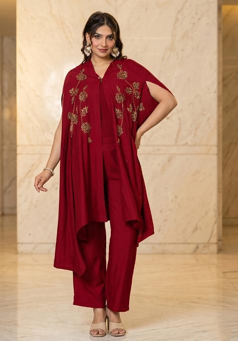 Deep Red Embroidered Handwork Fusion Set