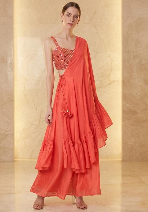 Coral Embroidered Handwork Fusion Set