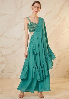 Teal Embroidered Handwork Fusion Set