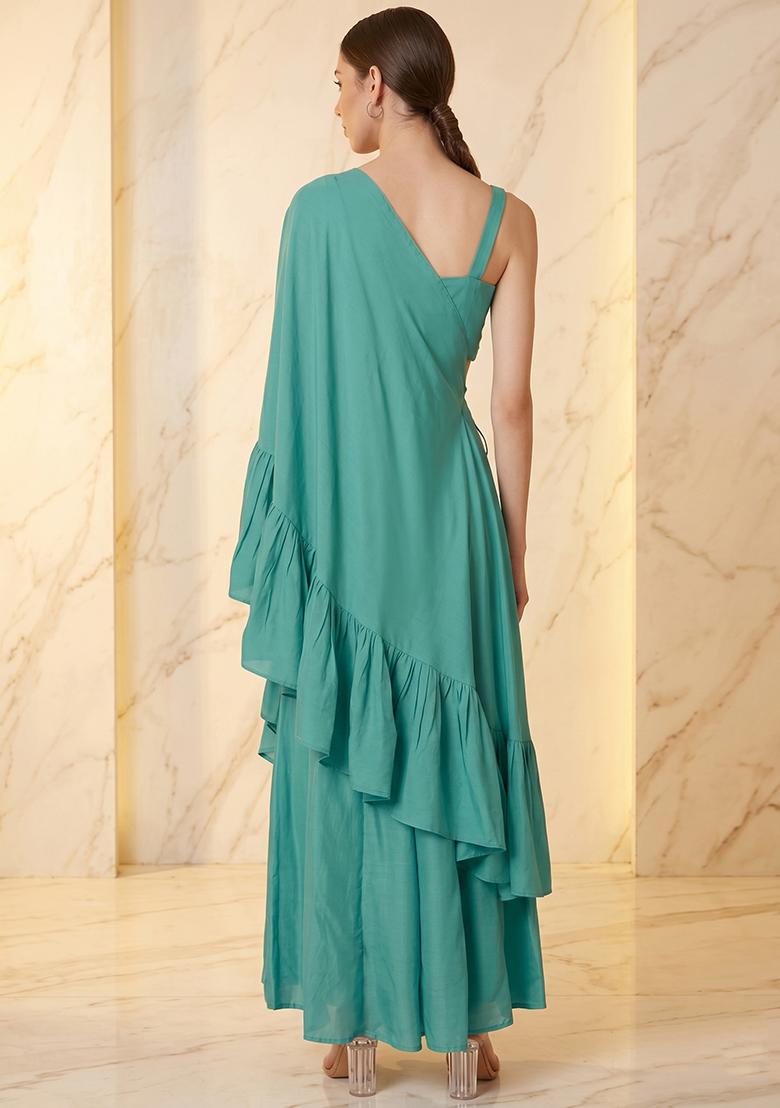 Teal Embroidered Handwork Fusion Set - Indya