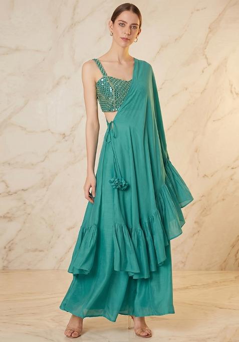 Teal Embroidered Handwork Fusion Set