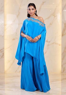 Aqua Blue Embroidered Handwork Fusion Set