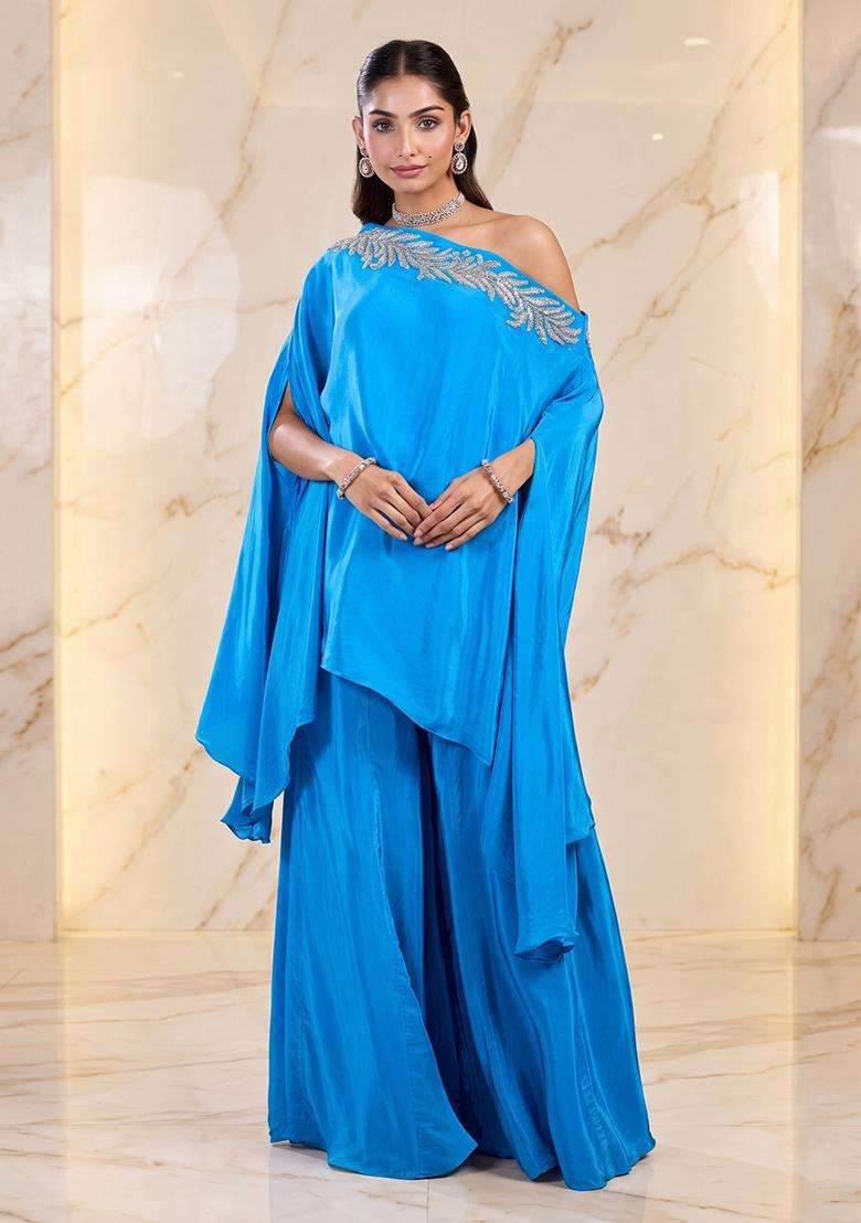 Aqua Blue Embroidered Handwork Fusion Set - Indya
