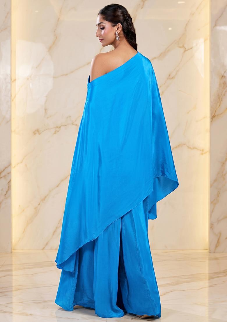 Aqua Blue Embroidered Handwork Fusion Set - Indya