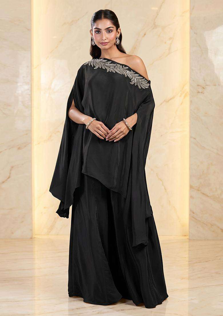 Black Embroidered Handwork Fusion Set - Indya