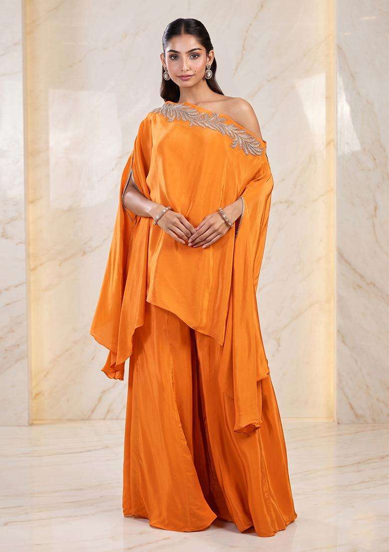Orange Embroidered Handwork Fusion Set - Indya