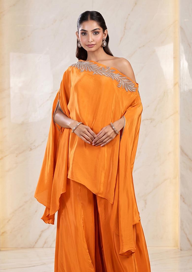 Orange Embroidered Handwork Fusion Set - Indya