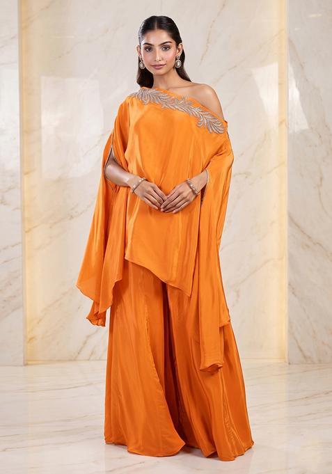 Orange Embroidered Handwork Fusion Set