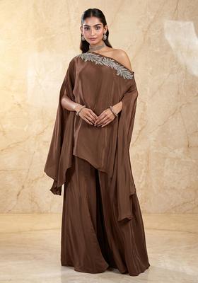 Brown Embroidered Handwork Fusion Set