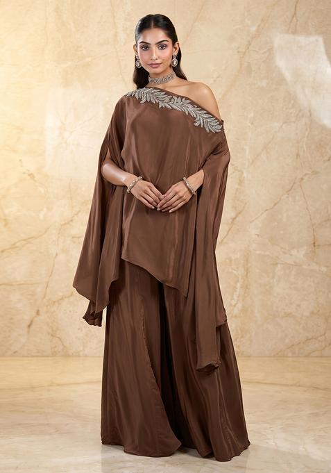 Brown Embroidered Handwork Fusion Set