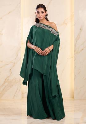 Bottle Green Embroidered Handwork Fusion Set