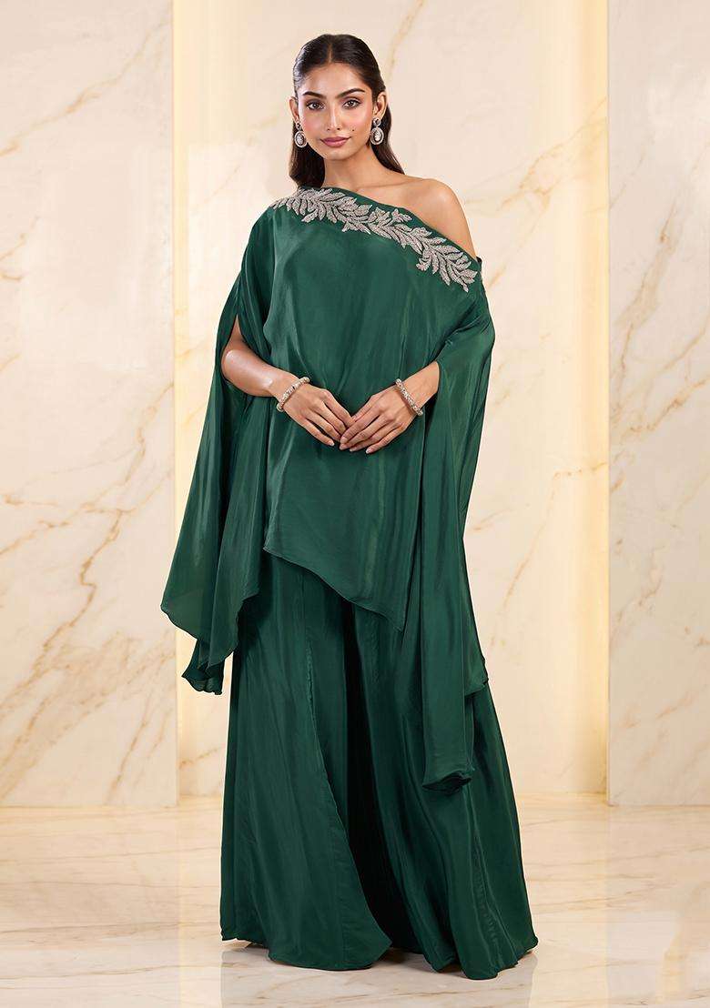 Bottle Green Embroidered Handwork Fusion Set - Indya