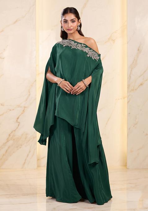 Bottle Green Embroidered Handwork Fusion Set
