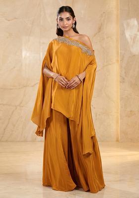 Mustard Embroidered Handwork Fusion Set