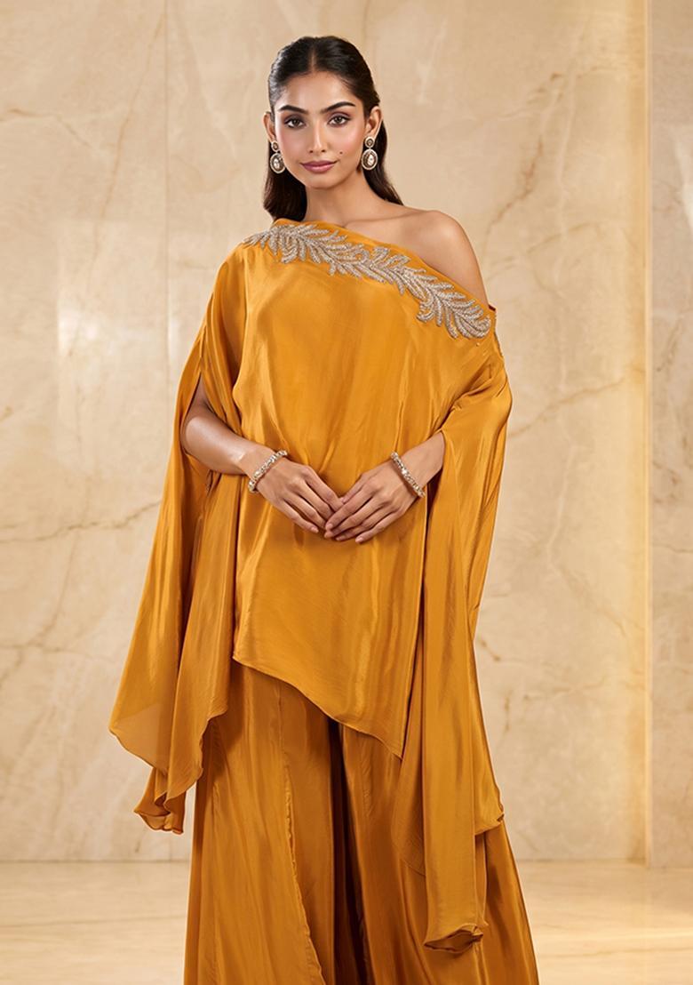 Mustard Embroidered Handwork Fusion Set - Indya
