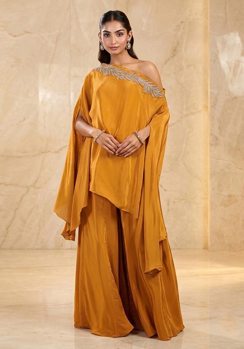 Mustard Embroidered Handwork Fusion Set
