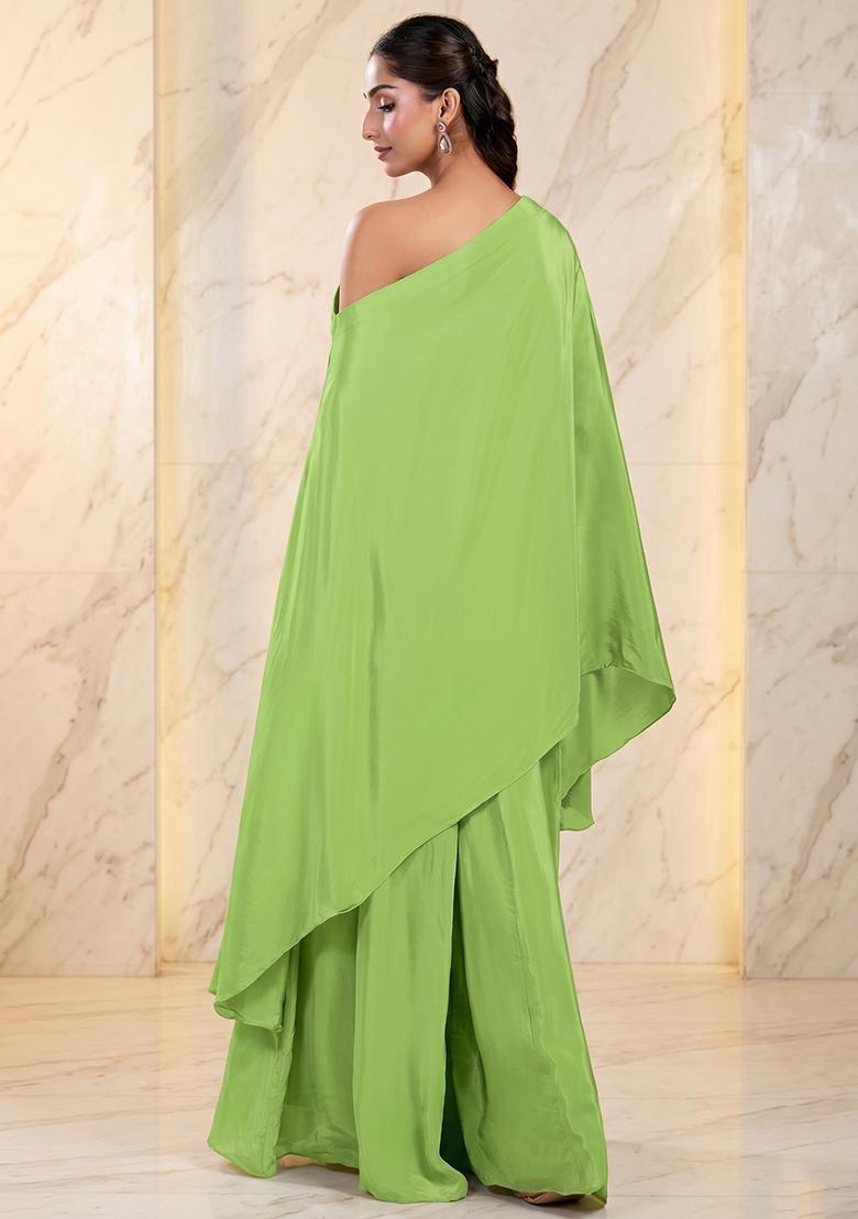 Pastel Green Embroidered Handwork Fusion Set - Indya