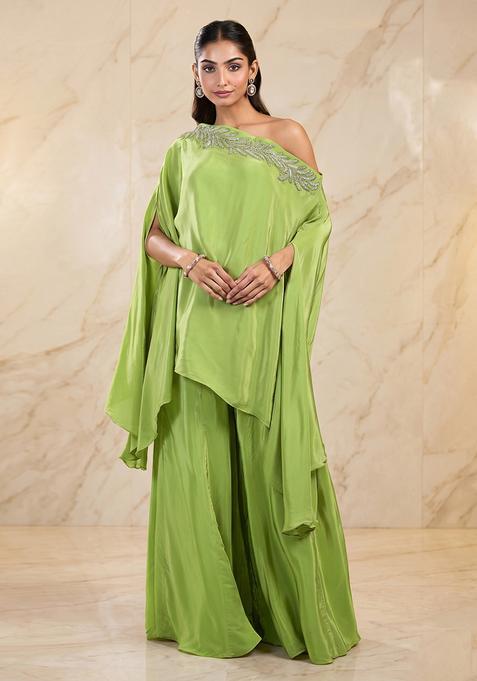 Pastel Green Embroidered Handwork Fusion Set