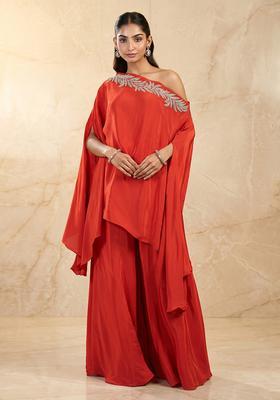 Red Embroidered Handwork Fusion Set