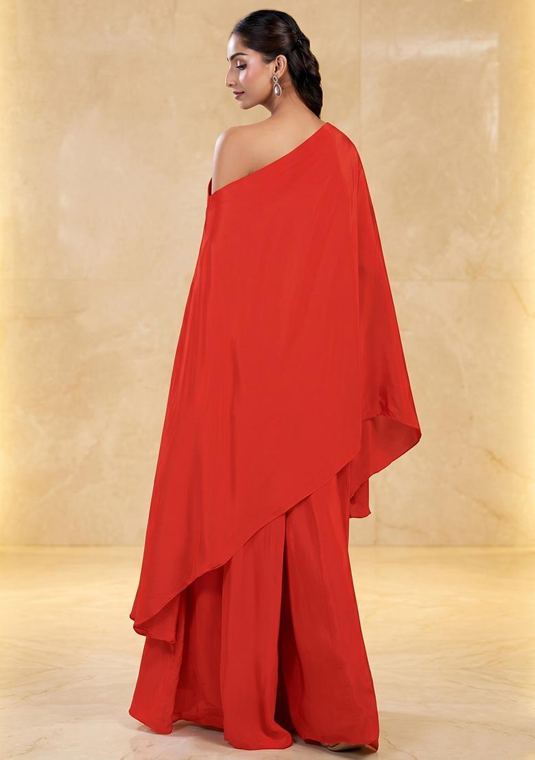 Red Embroidered Handwork Fusion Set - Indya