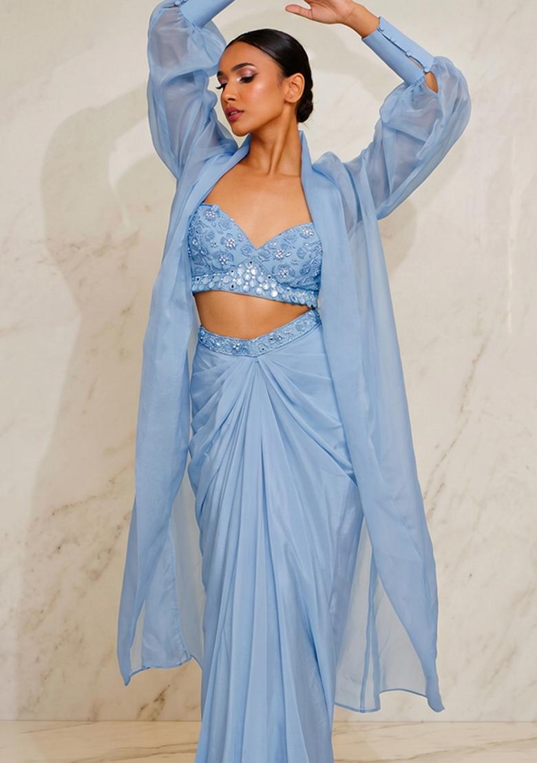 Sky Blue Embroidered Handwork Fusion Set - Indya
