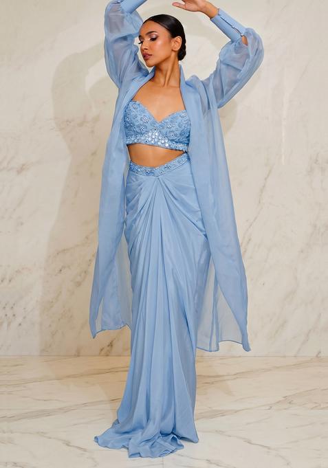 Sky Blue Embroidered Handwork Fusion Set
