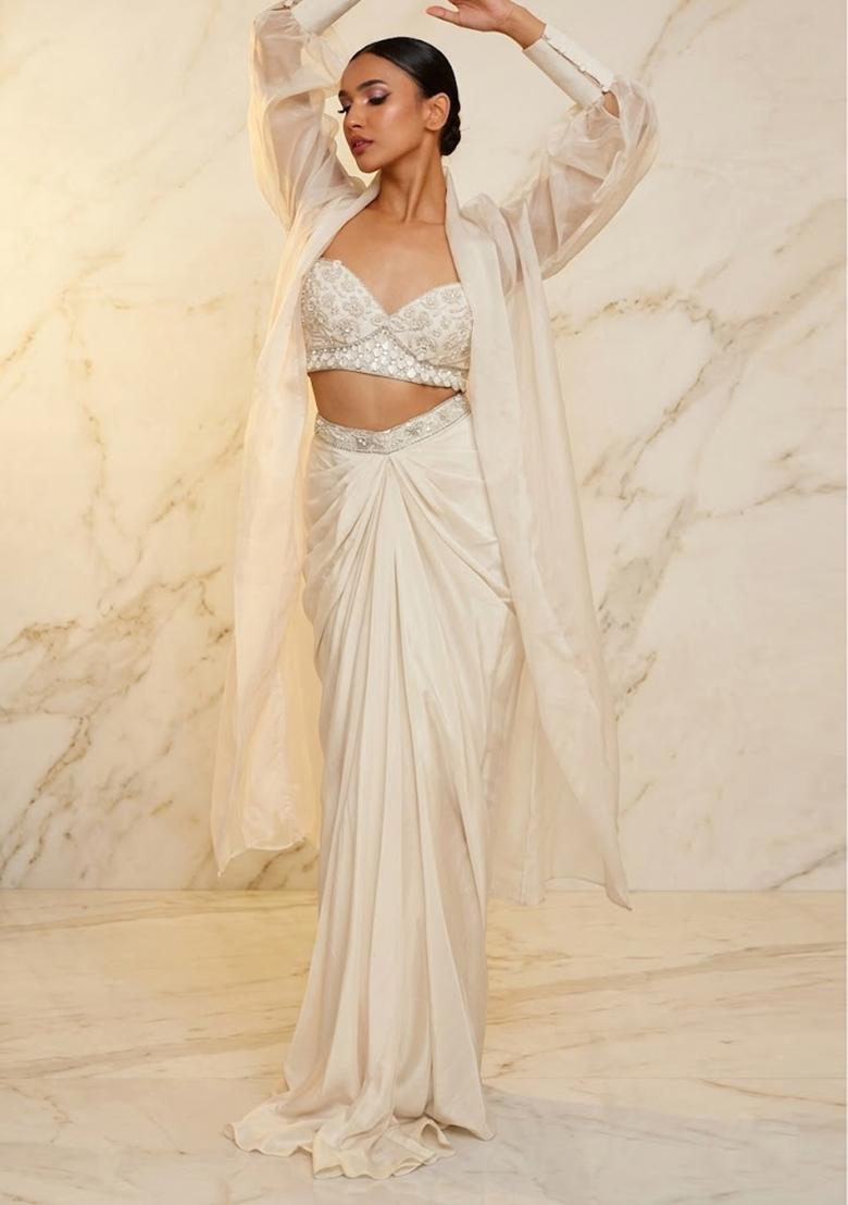 Ivory Embroidered Handwork Fusion Set - Indya