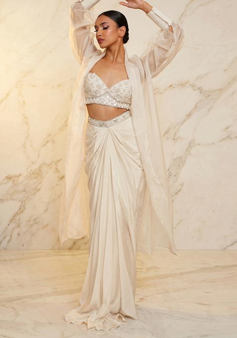 Ivory Embroidered Handwork Fusion Set