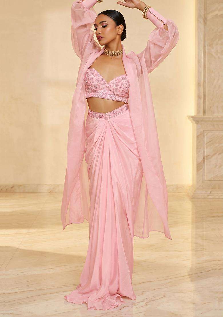 Baby Pink Embroidered Handwork Fusion Set - Indya