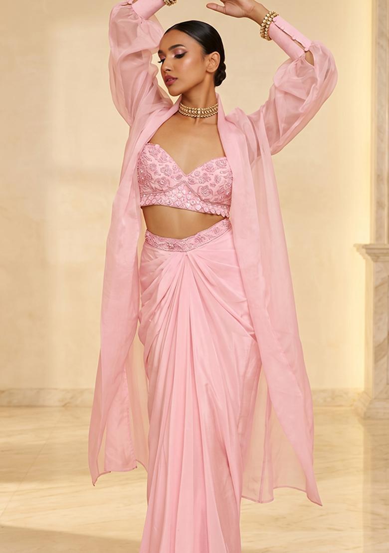 Baby Pink Embroidered Handwork Fusion Set - Indya