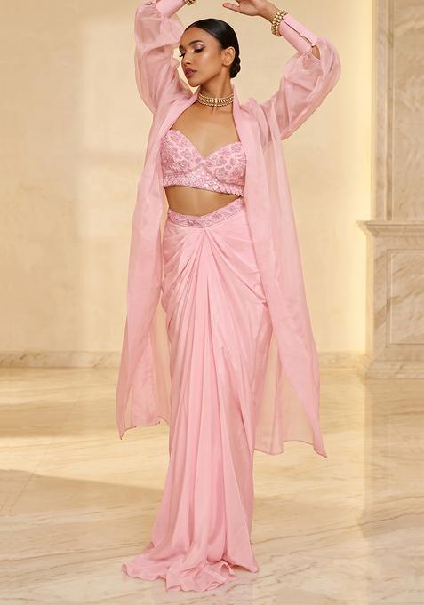 Baby Pink Embroidered Handwork Fusion Set