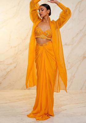 Mustard Embroidered Handwork Fusion Set