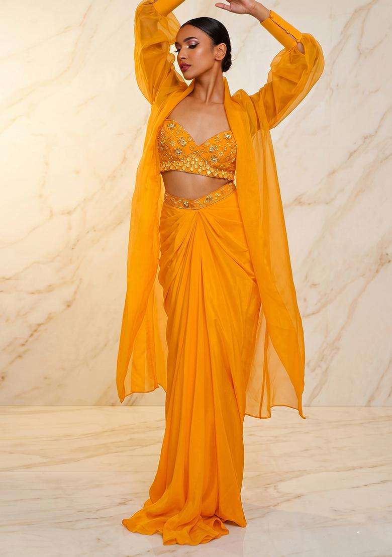 Mustard Embroidered Handwork Fusion Set - Indya