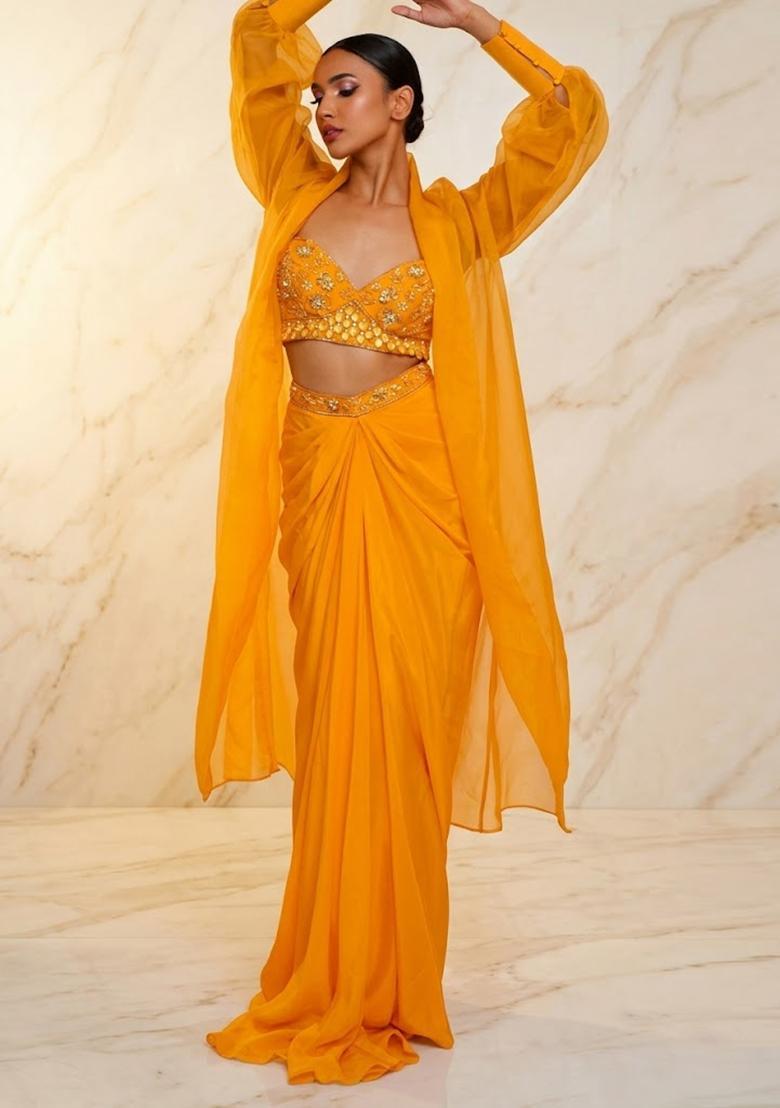 Mustard Embroidered Handwork Fusion Set - Indya