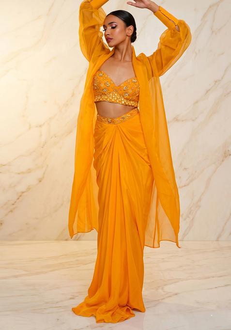Mustard Embroidered Handwork Fusion Set