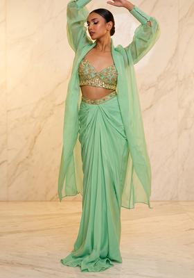 Mint Green Embroidered Handwork Fusion Set