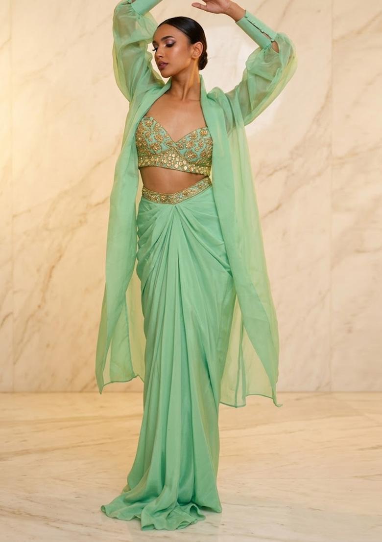Mint Green Embroidered Handwork Fusion Set - Indya