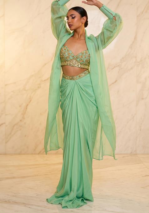 Mint Green Embroidered Handwork Fusion Set