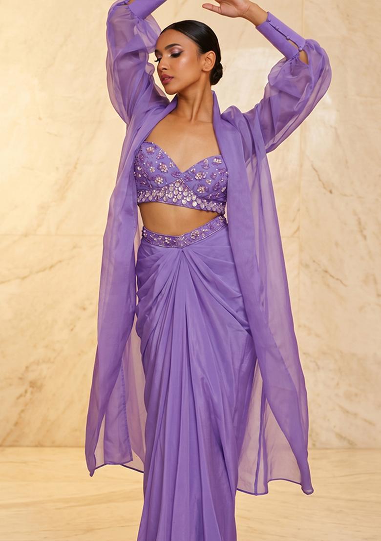 Purple Embroidered Handwork Fusion Set - Indya
