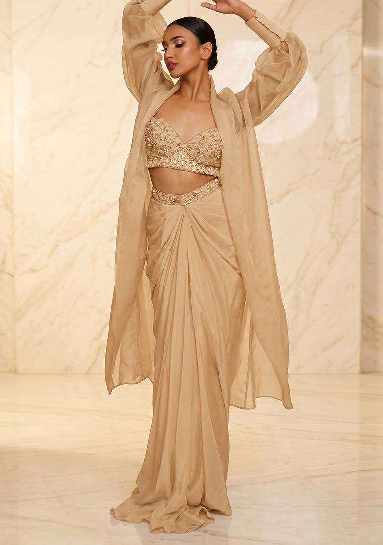Beige Embroidered Handwork Fusion Set - Indya