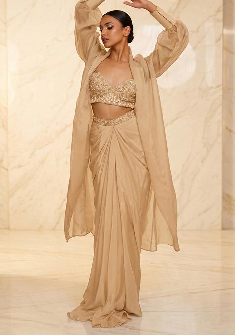 Beige Embroidered Handwork Fusion Set