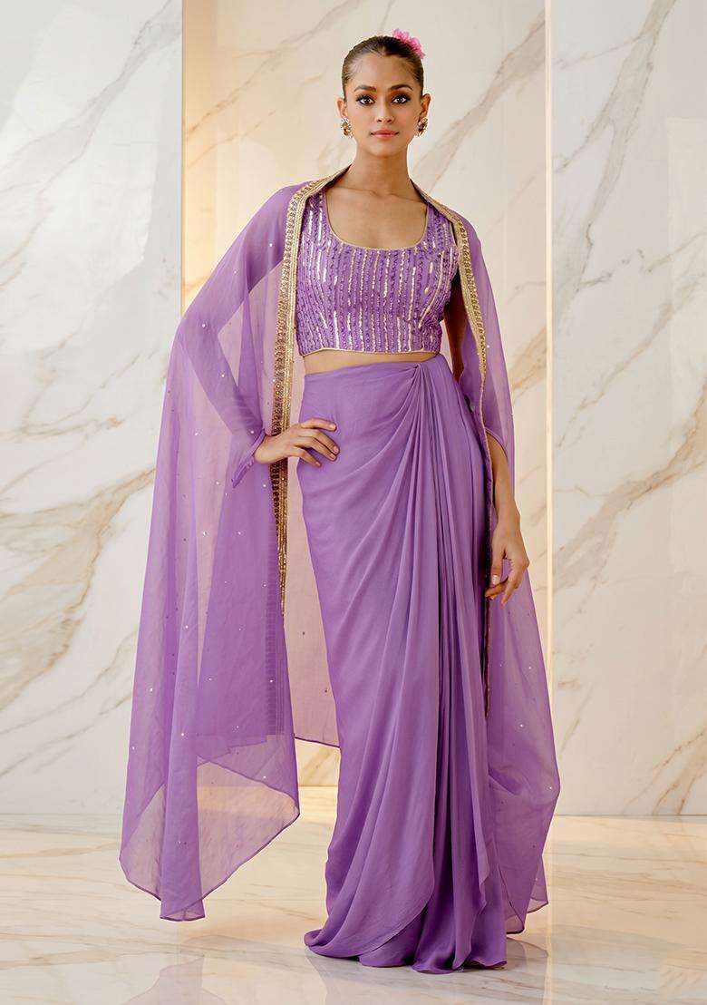 Lilac Embroidered Handwork Fusion Set - Indya