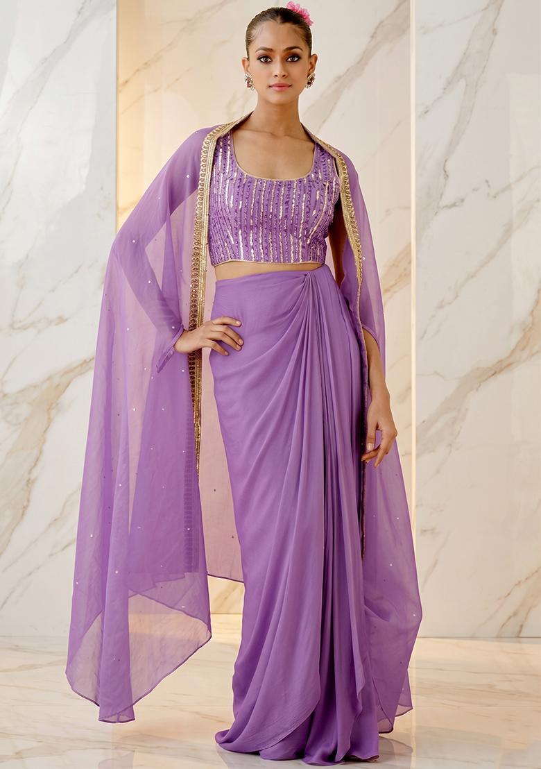 Lilac Embroidered Handwork Fusion Set - Indya