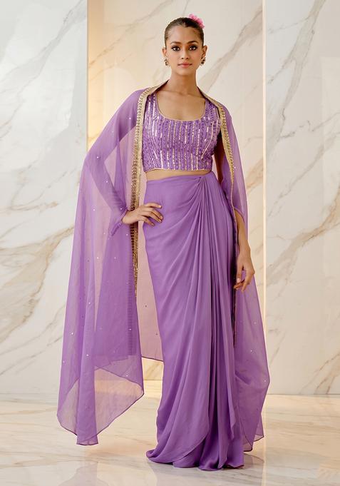Lilac Embroidered Handwork Fusion Set
