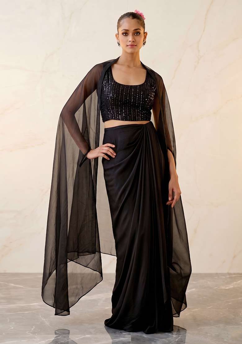 Black Embroidered Handwork Fusion Set - Indya