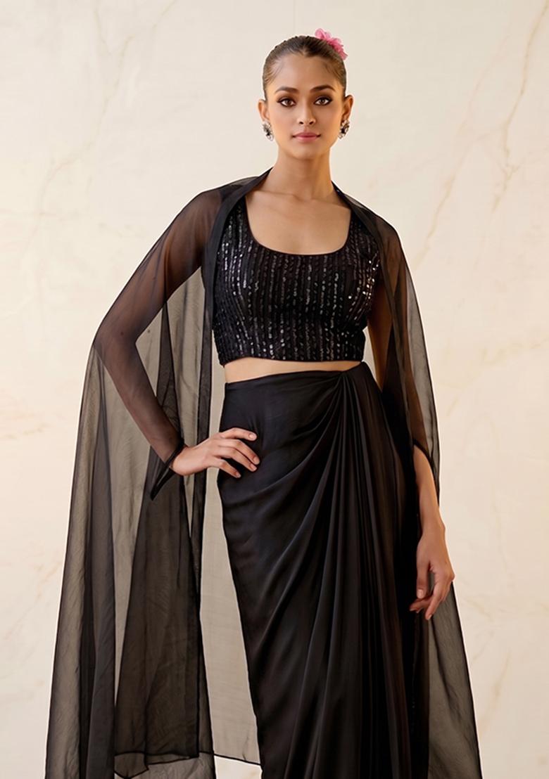 Black Embroidered Handwork Fusion Set - Indya