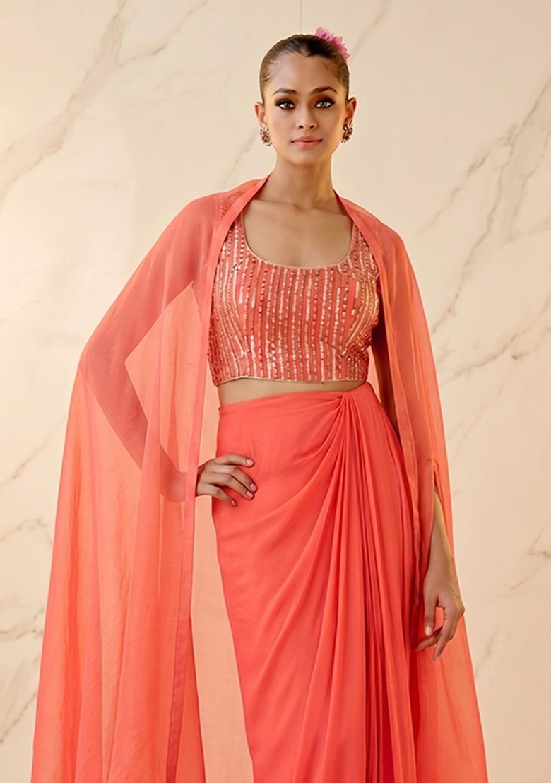 Coral Embroidered Handwork Fusion Set - Indya